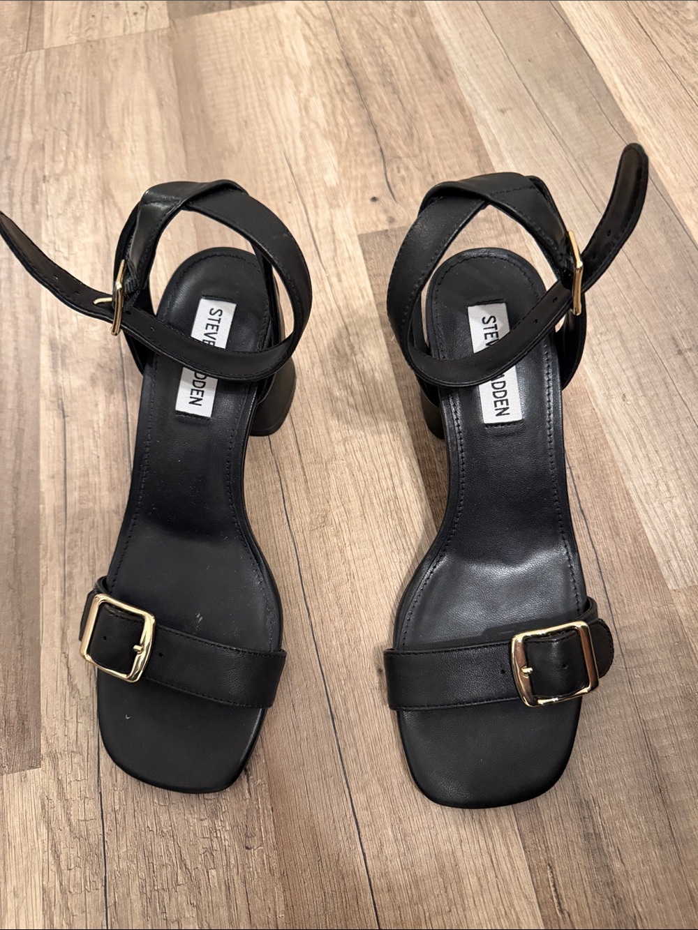 Steve Madden Black Strappy Block Heel Sandals with Gold Buckles